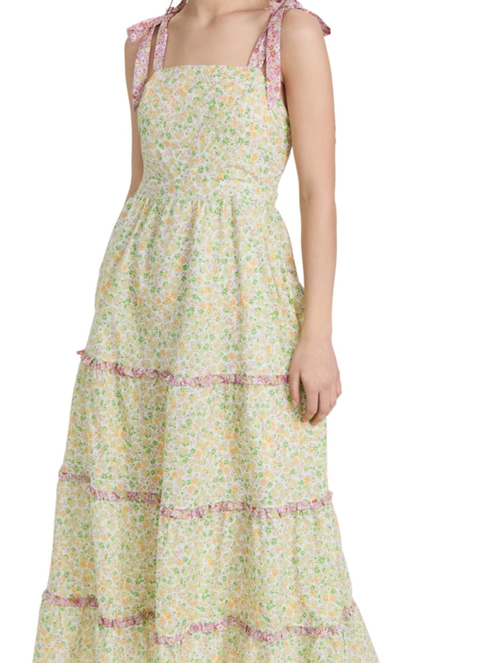 Lost + Wander Floral Tiered Maxi Dress with Tie-Strap Shoulders - Green Floral